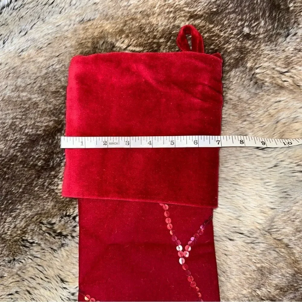 Crate & Barrel Red Poinsettia Stocking Velvet and Wool